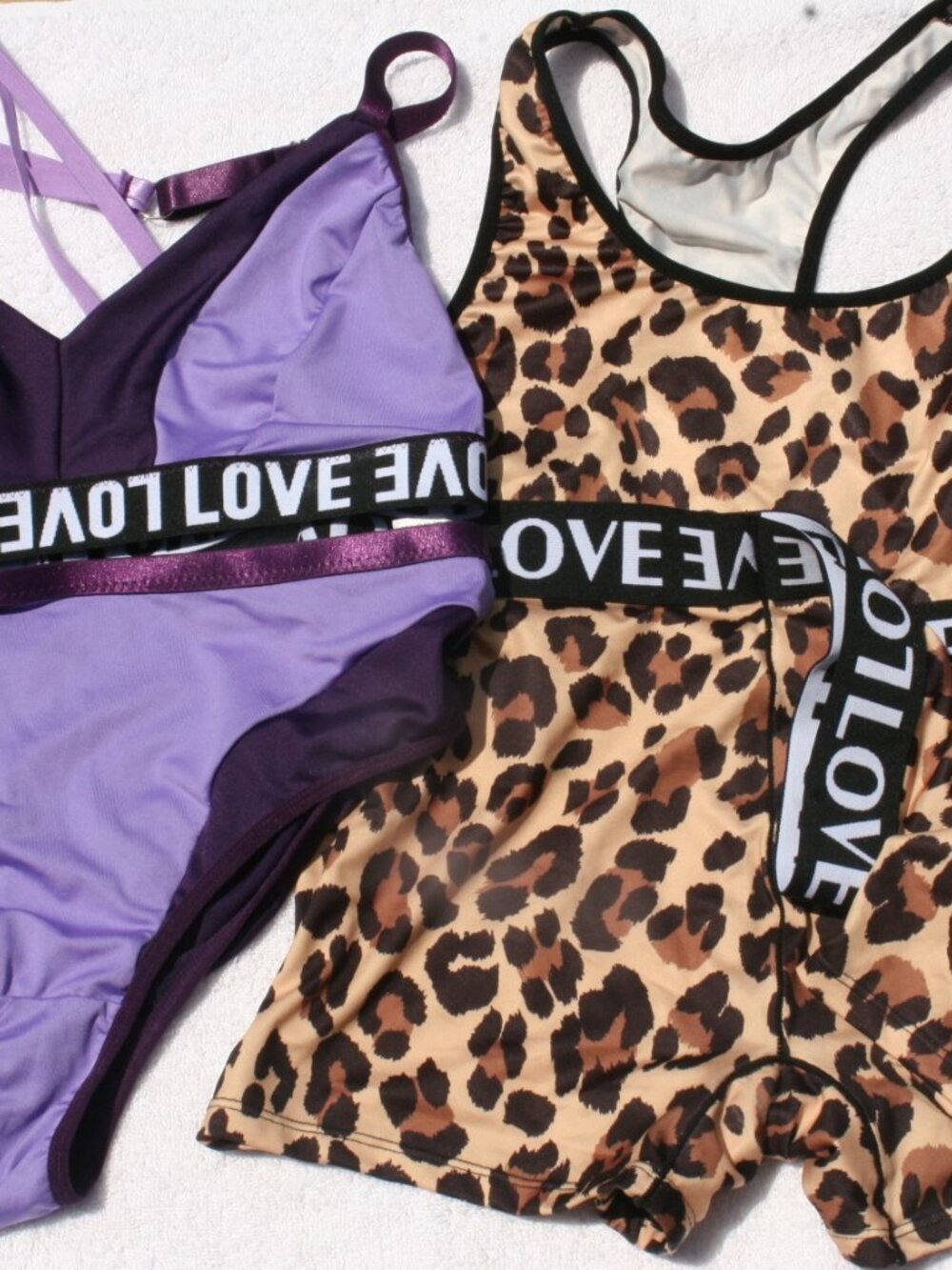 Leopard set with boy shorts and purple set with LOVE Elastic Band